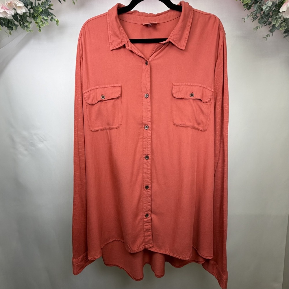 SO Women's Long Sleeve Coral Button Up Shirt Size 3X Blouse Pockets